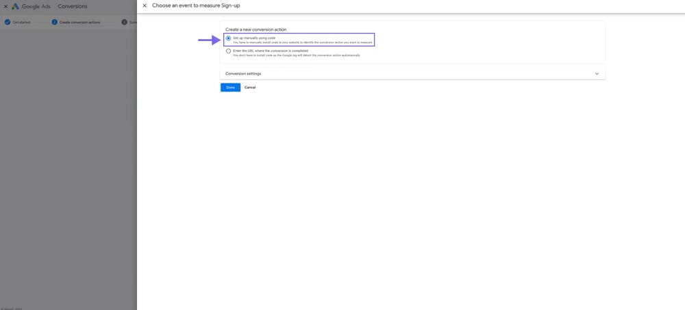 An image showing the “Set up manually using code” option that must be selected in the appeared menu