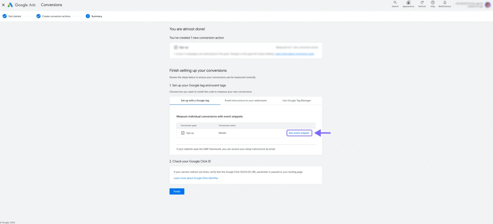 An image showing the “See event snippet” button, which is located in the “Summary” section
