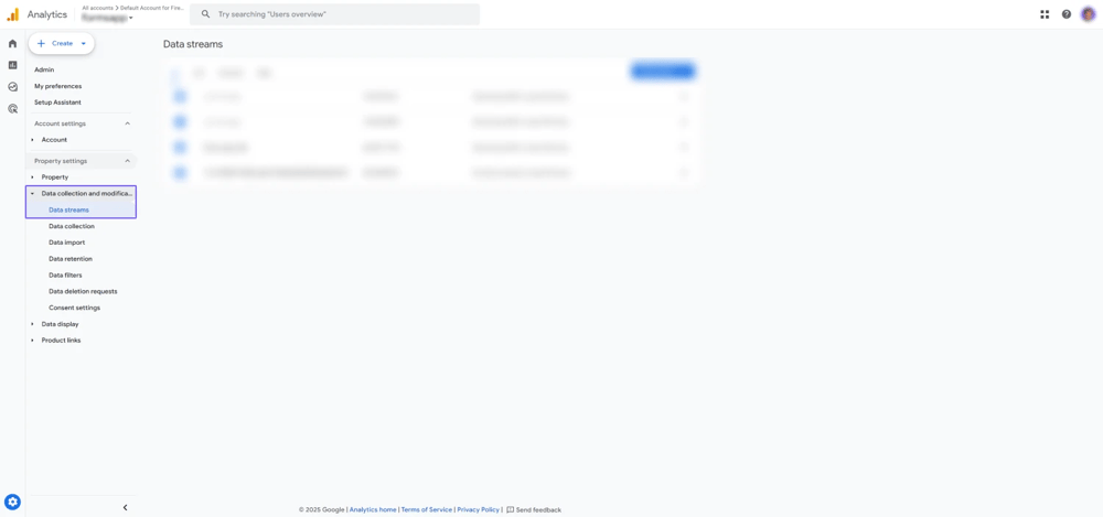 An image showing the “Data streams” option, which you need to select by first accessing the “Property settings” section