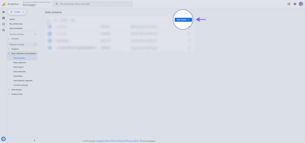 An image showing the “Add stream” button in the upper right corner for adding a new stream for the web
