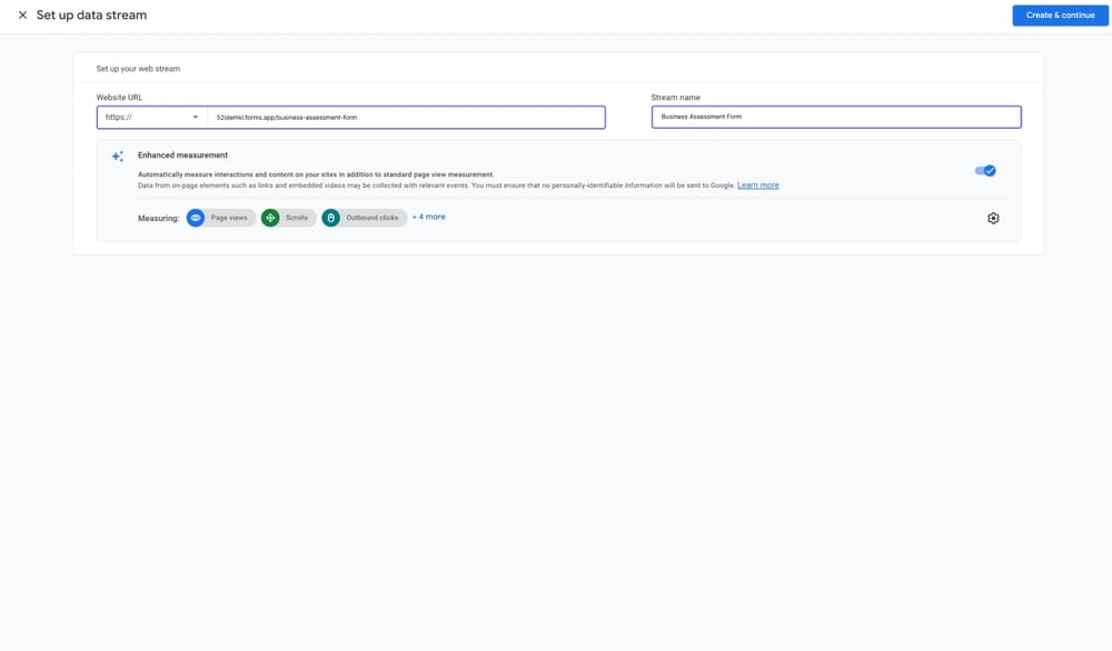 An image showing the stream setup screen where you can enter your form URL and give your stream a name