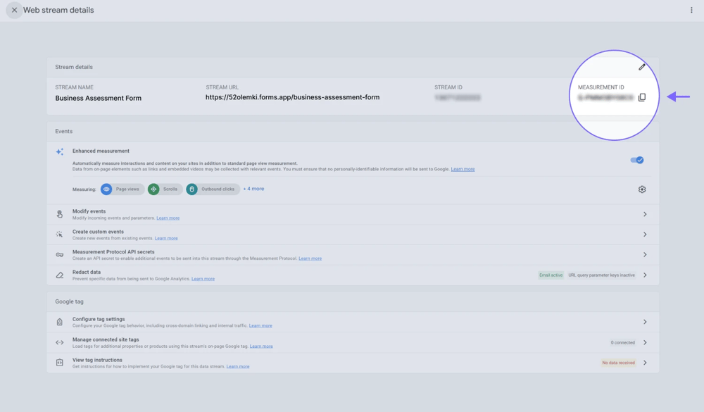 An image showing the area where the “MEASUREMENT ID” is located for you to copy it