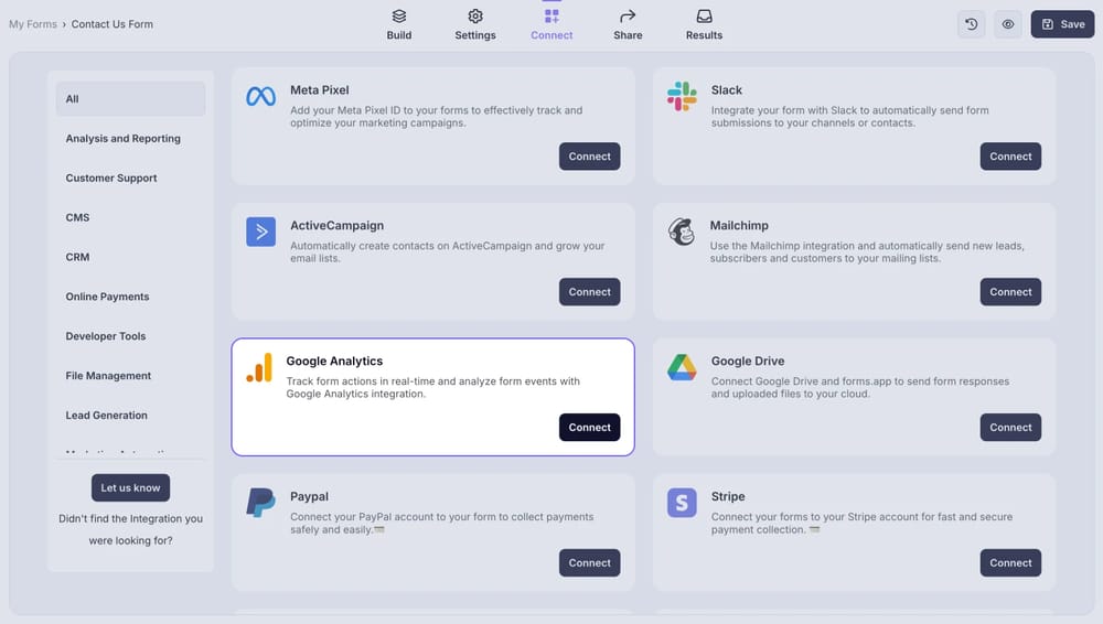 An image showing the “Google Analytics integration” button, which you can easily find by accessing the “Connect” tab