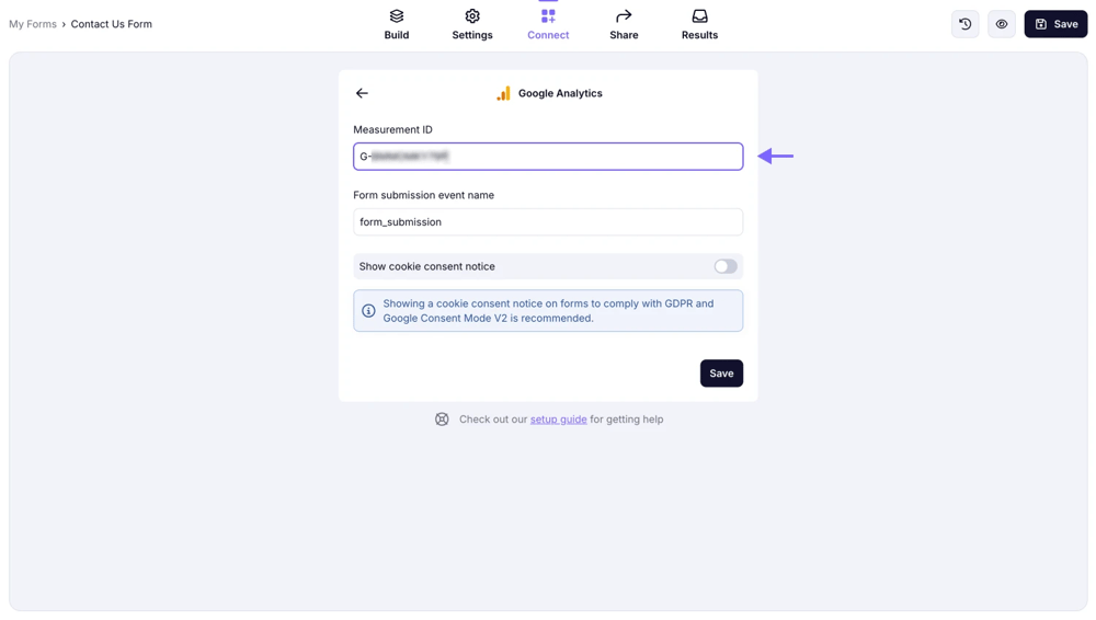 An image showing the “Connect” section, where you can paste the copied MEASUREMENT ID
