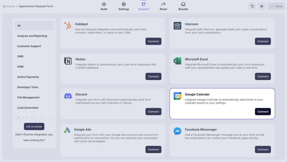 An image showing the “Google Calendar integration” button, which you can easily find by accessing the “Connect” tab
