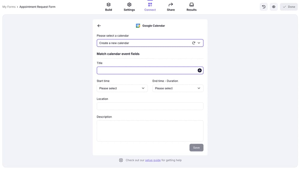 An image showing the integration settings where you will need to select a calendar and add a title for your events