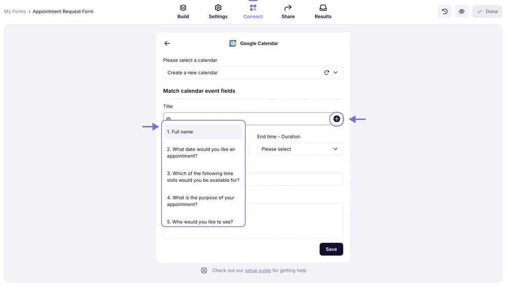 An image showing the feature that allows you to select a title from the form fields you have by clicking the “+” button