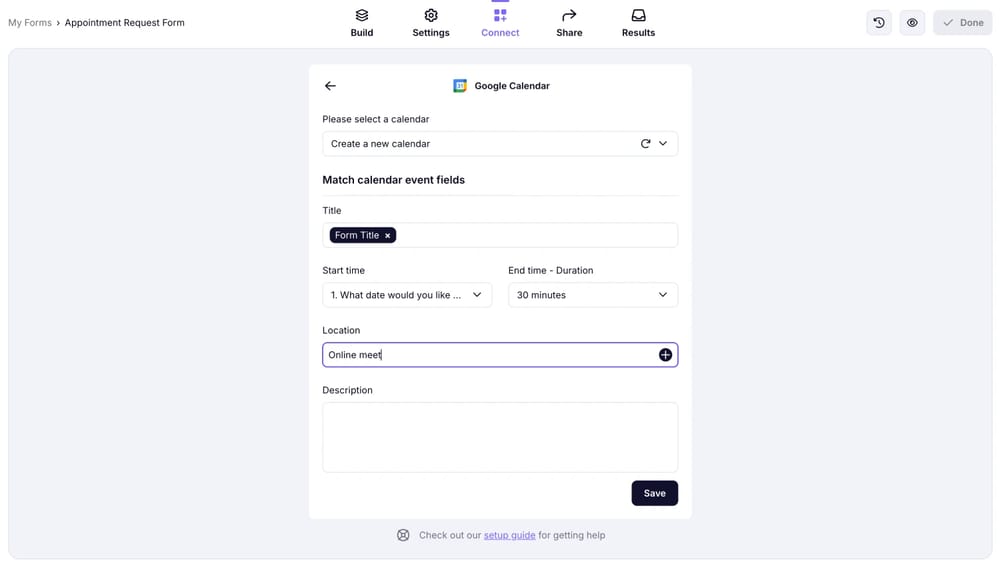 An image showing the “Location” area where you can add a fixed location by typing or choosing a relevant form field