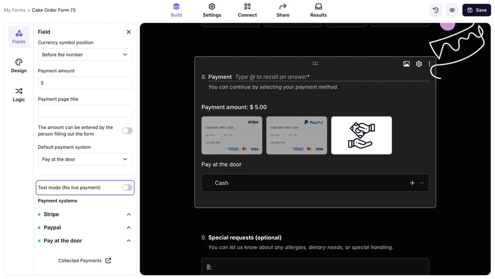 Ödeme alanı için test modu ayarı
