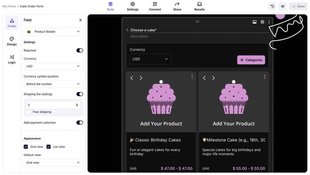 forms.app’in ürün sepeti alanı