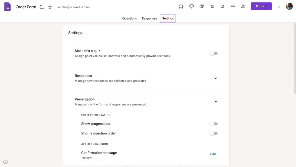 Google Forms’da ayarlara gidin