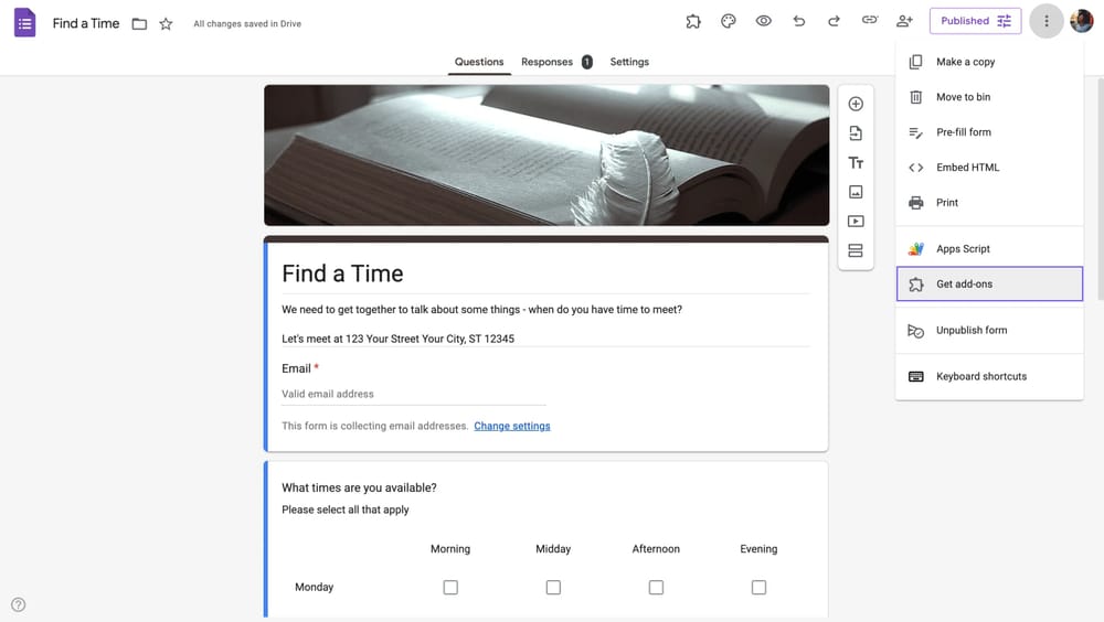 Google Forms’da eklenti mağazasını açma seçeneği