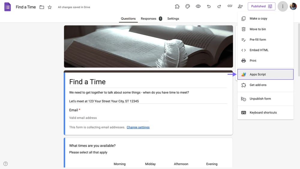 Google Forms aracılığıyla Apps Script'i açma