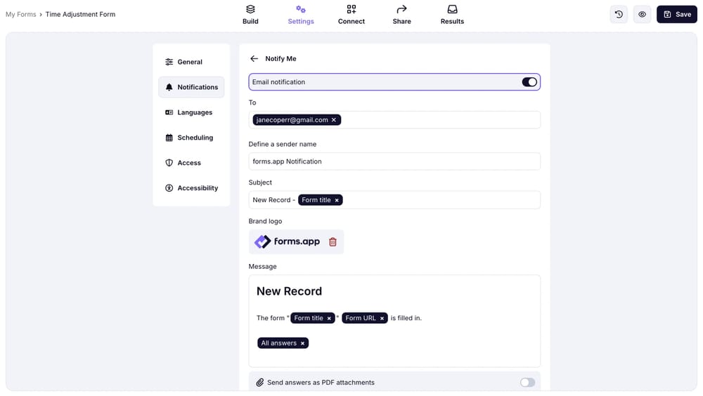 forms.app'te kendi bildirimlerini etkinleştirme