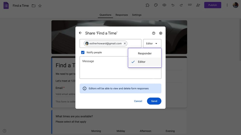 Google Forms’a işbirlikçi davet ederken izin seviyesini değiştirme