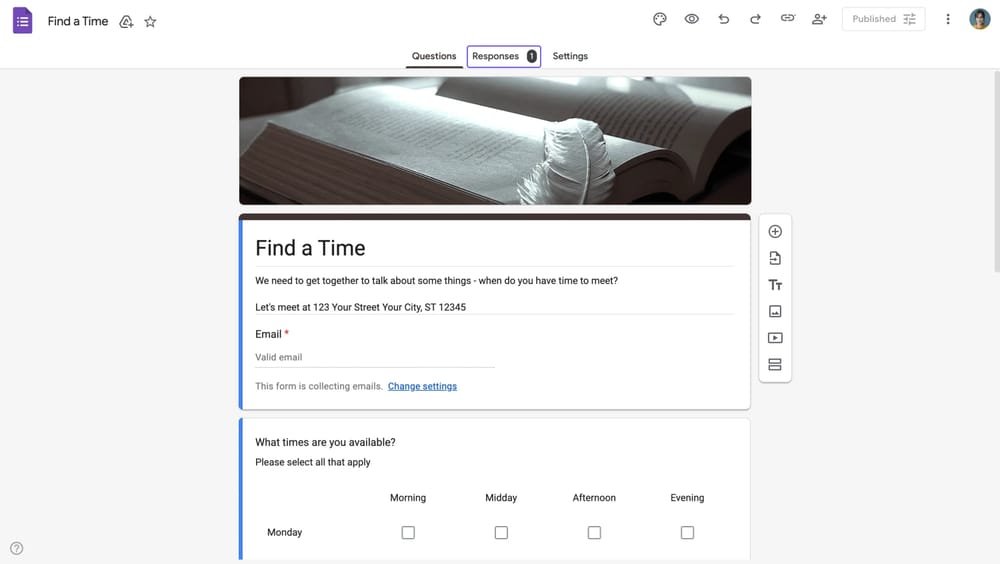 Google Forms üzerinde yanıtlar sekmesinin konumu