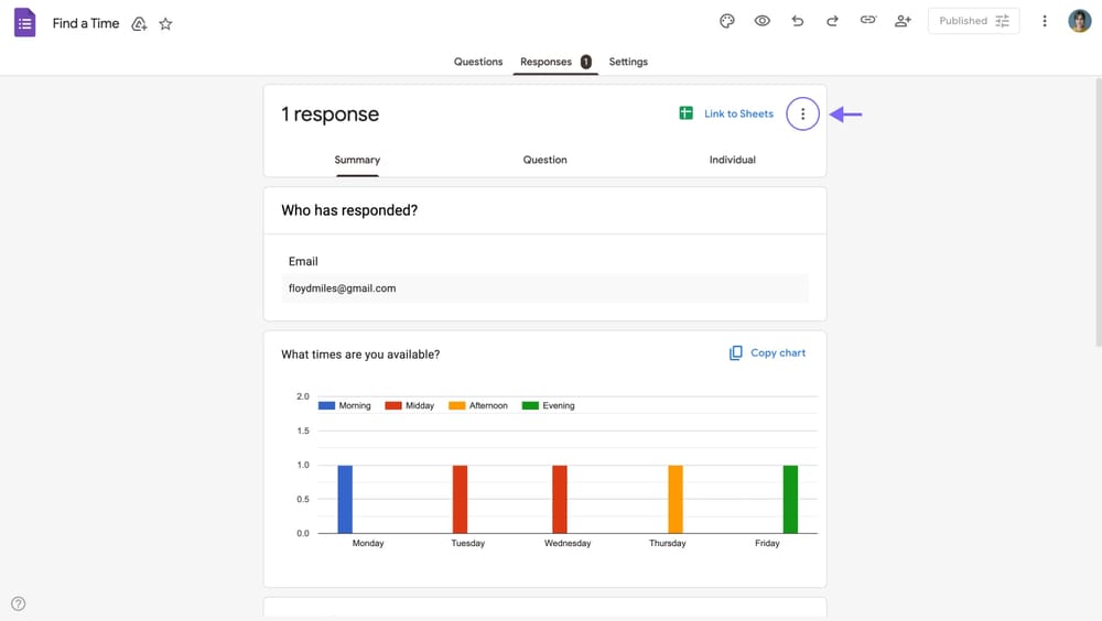 Yanıtlar sekmesi altındaki üç nokta simgesinin konumu