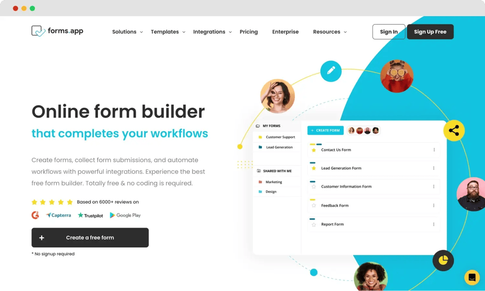Die Startseite von forms.app
