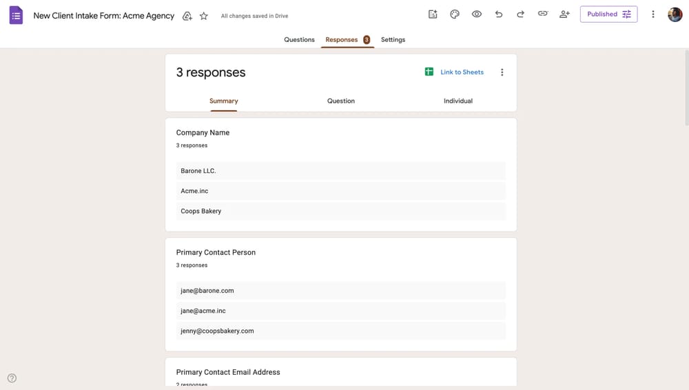 Google Forms Yanıtlar sekmesi