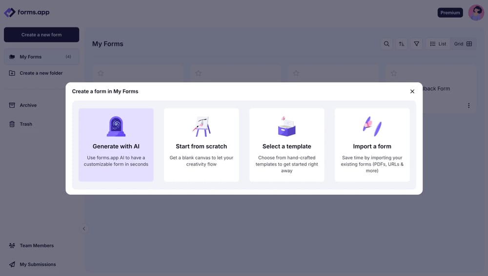 forms.app üzerindeki form oluşturma seçenekleri
