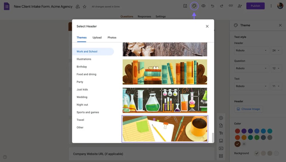 Google Forms'daki "Tema" kenar çubuğu