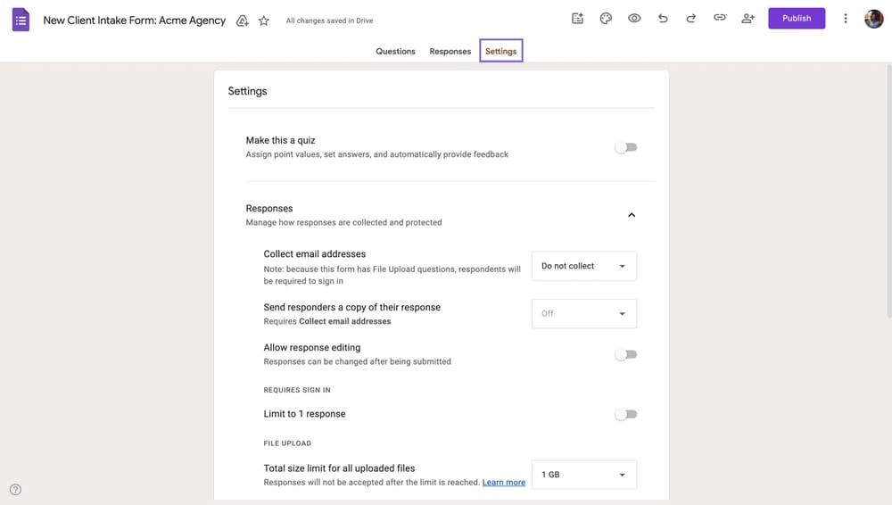 Google Forms ayarları