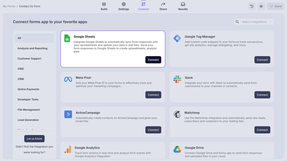 An image showing the “Google Sheets integration” button, which you can easily find by accessing the “Connect” tab