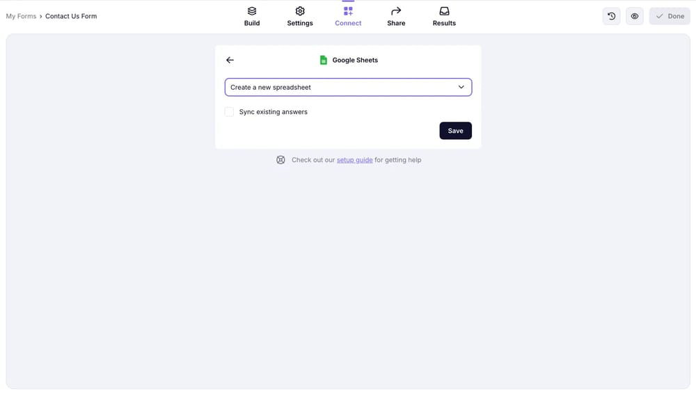 An image showing the “Create a new spreadsheet” option, which you can keep or select an existing spreadsheet for your future responses