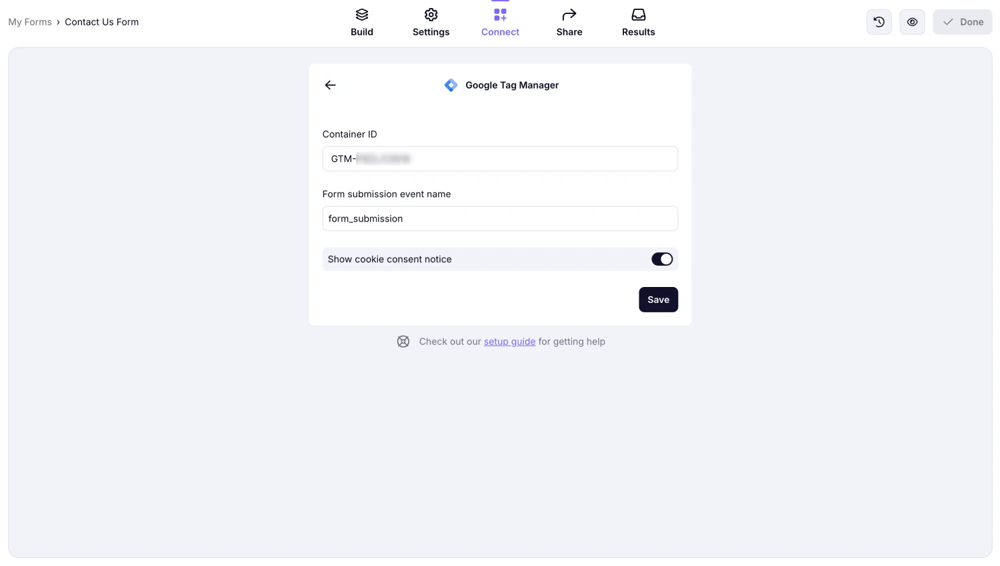 An image showing the area from the “Connect” section where you will need to enter your Tag Manager Container ID and enable the “Show cookie consent” toggle