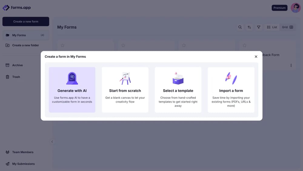 Options de création de formulaire sur forms.app