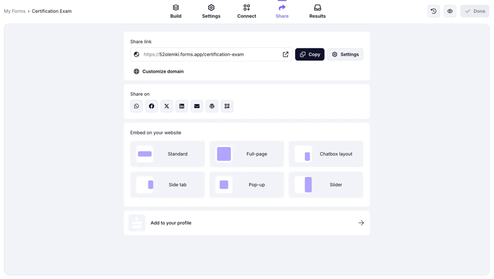 La page de partage de forms.app