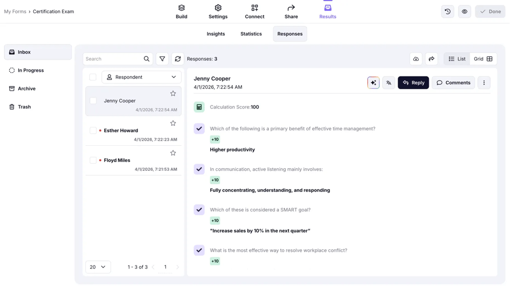 La page de statistiques d'un formulaire sur forms.app