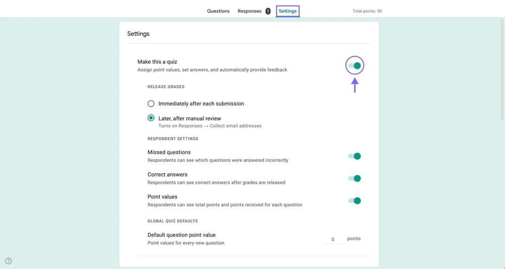 Le paramètre "Transformez ceci en quiz" dans Google Forms