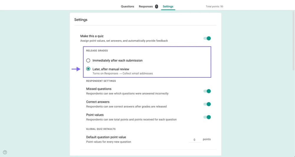 Options de publication du score du quiz Google Forms