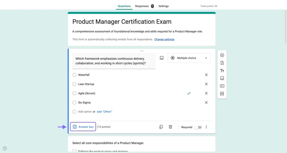 Bouton de clé de réponse sur une question Google Forms