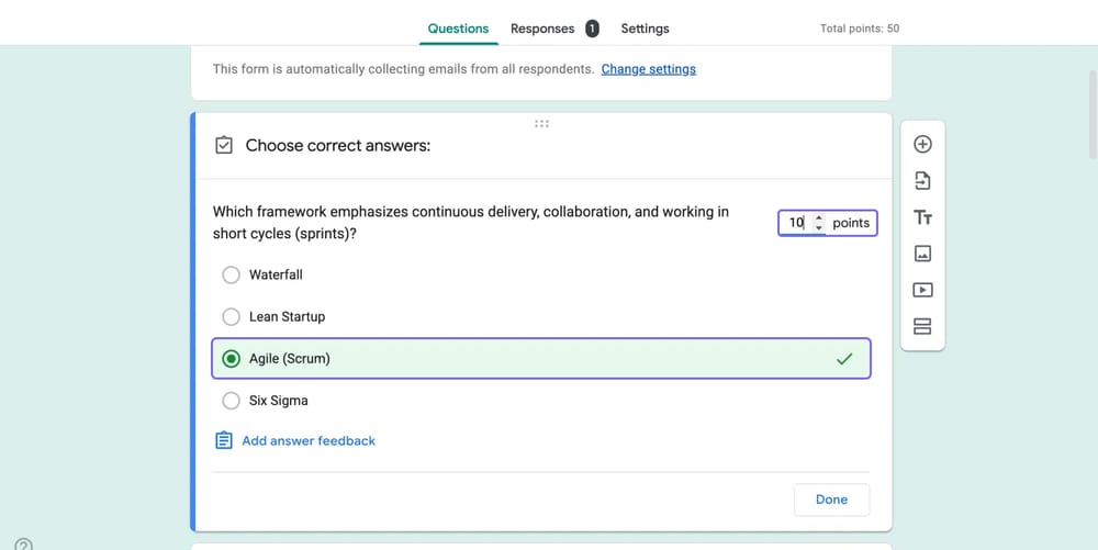 Ajout de réponses correctes à la clé de réponse pour une question Google Forms
