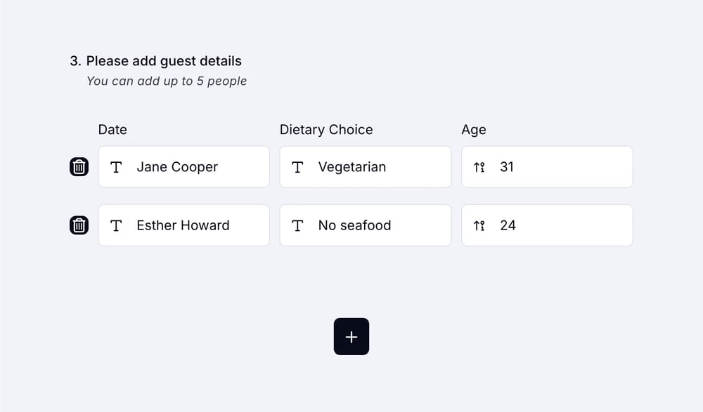 An image showing an example of the “Grid” field usage with three different data types