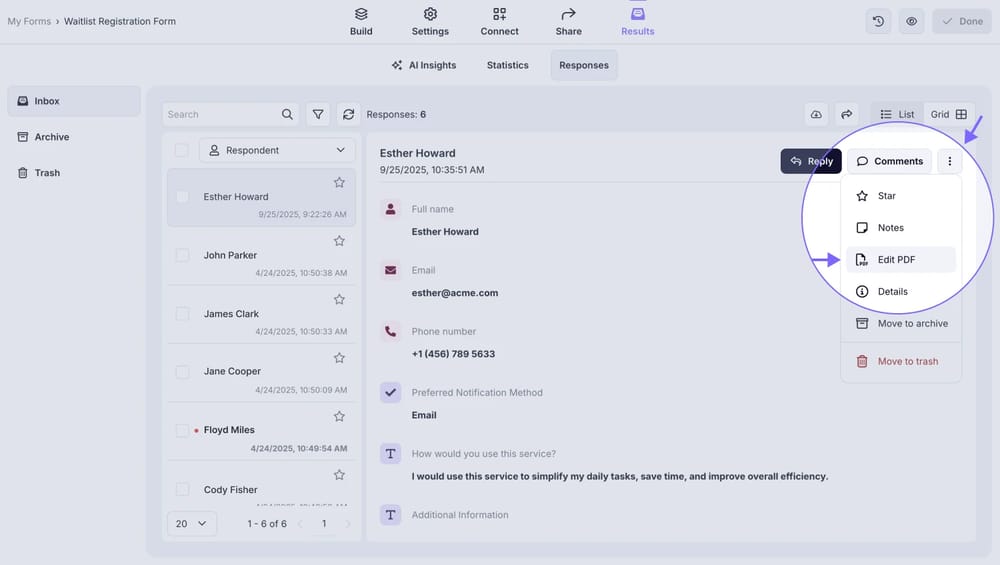 An image showing how you can find the “Edit PDF” button to start editing the PDF response from the Results tab