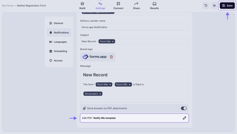 An image showing the newly added PDF template and the “Save” button, which you need to press to save changes and start getting updated email notifications