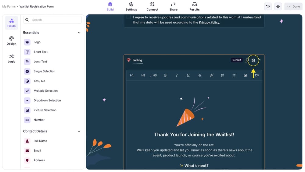 An image showing how to open the “Ending page” settings menu by pressing the “Gear” icon on the field