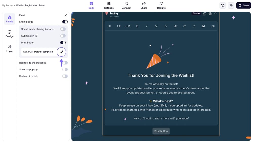 An image showing the “Pencil icon” on the “Edit PDF” setting, which you need to click to adjust the template for the Print button option