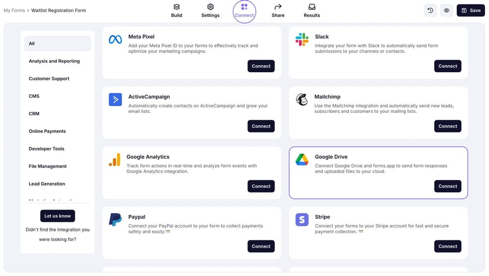 An image showing how to access the “Connect” section and find the Google Drive integration from the options appeared