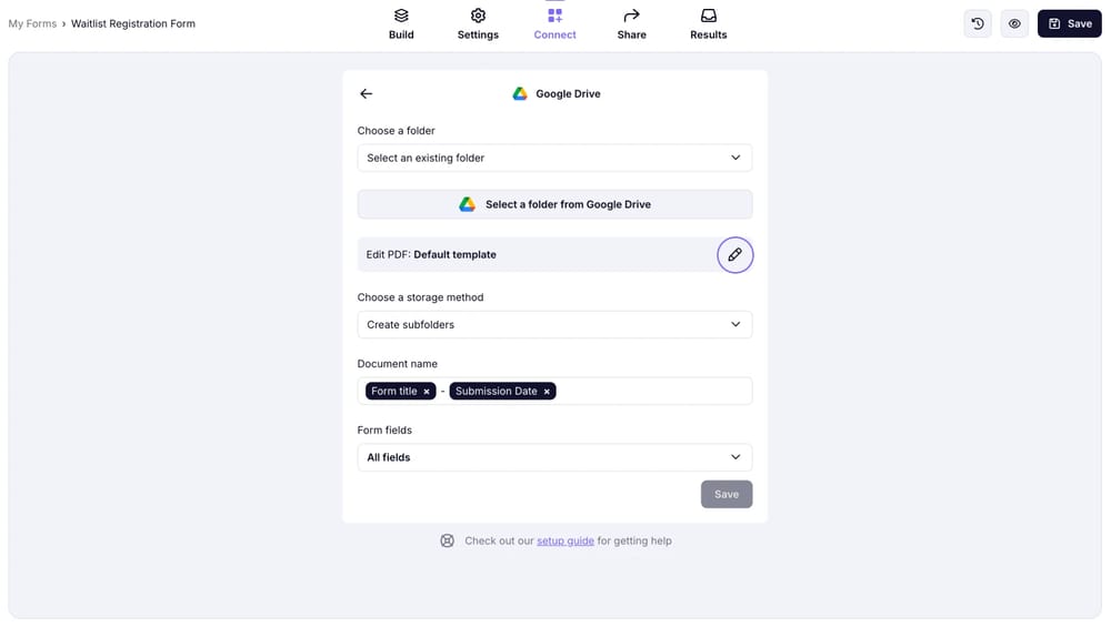 An image showing the “Pencil icon” on the “Edit PDF” setting, which you need to click to adjust the template for the Google Drive integration PDF files
