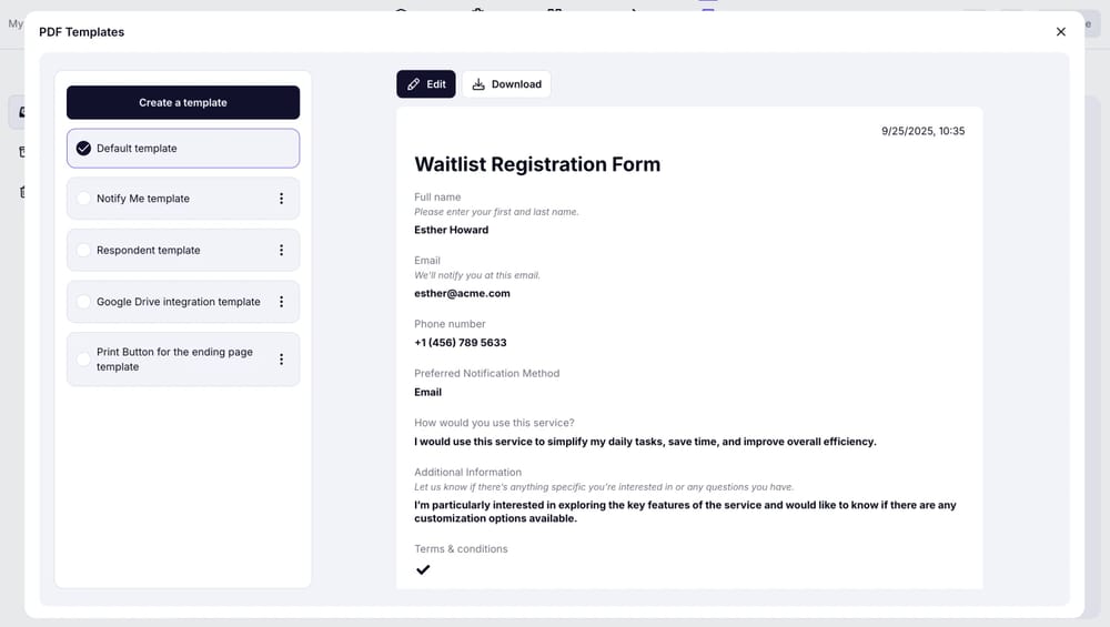 An image showing the options you have once the “PDF templates” panel is opened