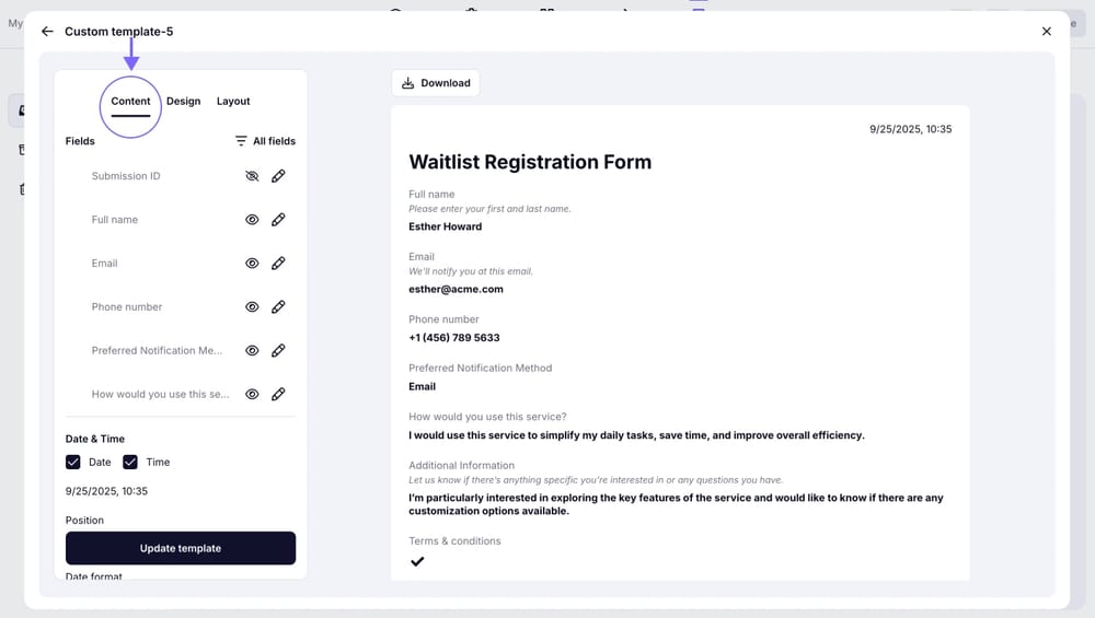 An image showing the customization options you have once you access the “Content” tab