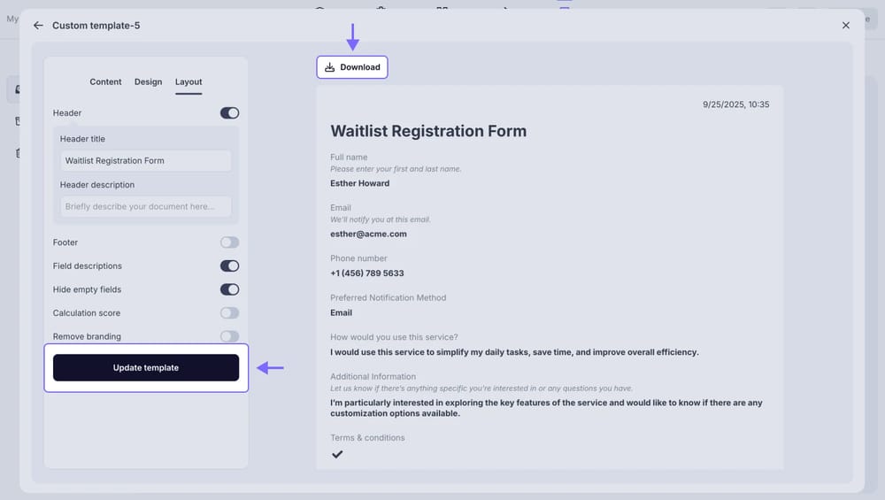 An image showing the “Update template” button to save your changes and the “Download” button to immediately download the PDF version of the response with the current template