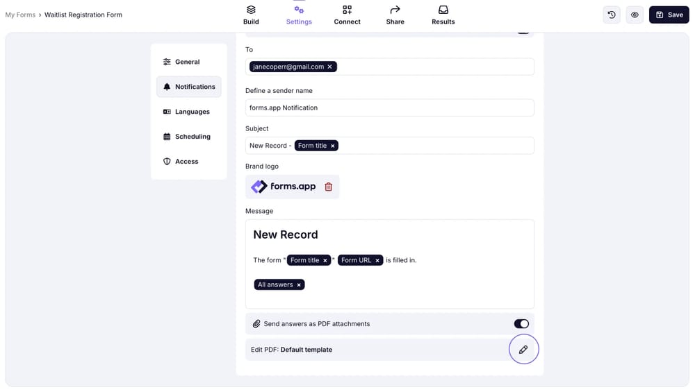 An image showing the “Pencil icon” on the “Edit PDF” setting, which you need to click to adjust the template for email notifications