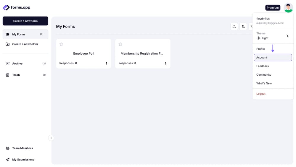 A zoomed in image showing the account item on the profile menu
