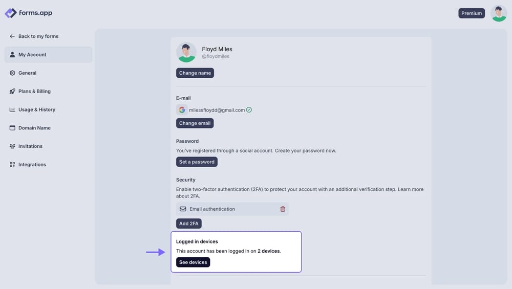 An image showing logged in devices section under the account settings