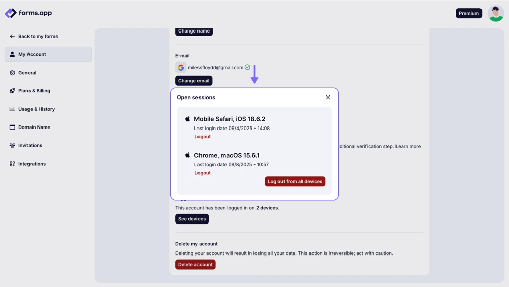 The pop-up showing all the logged-in devices with the option of signing out